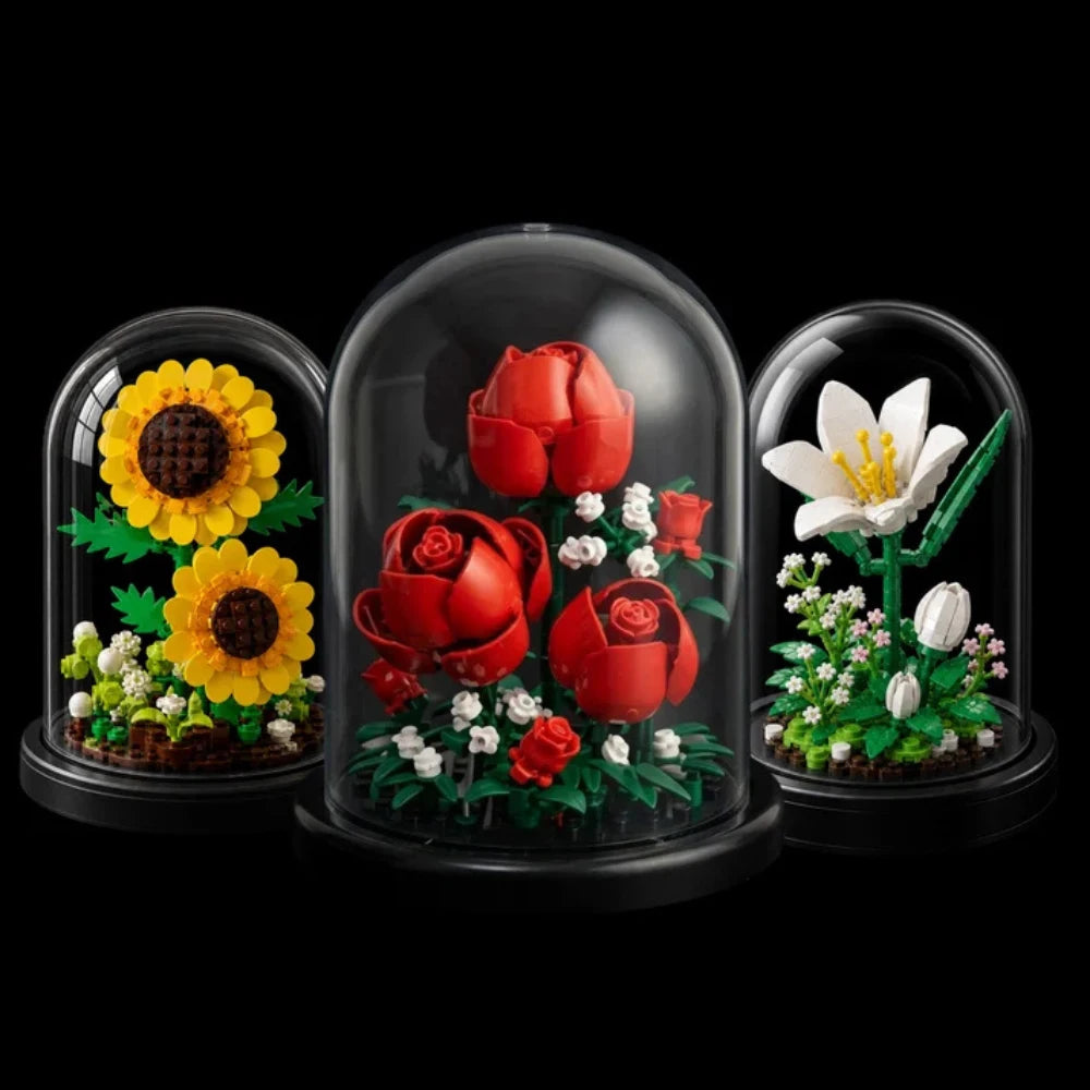 Kit com 3 Redomas Eternas - Rosas + Girassol + Lírio branco - 562 peças